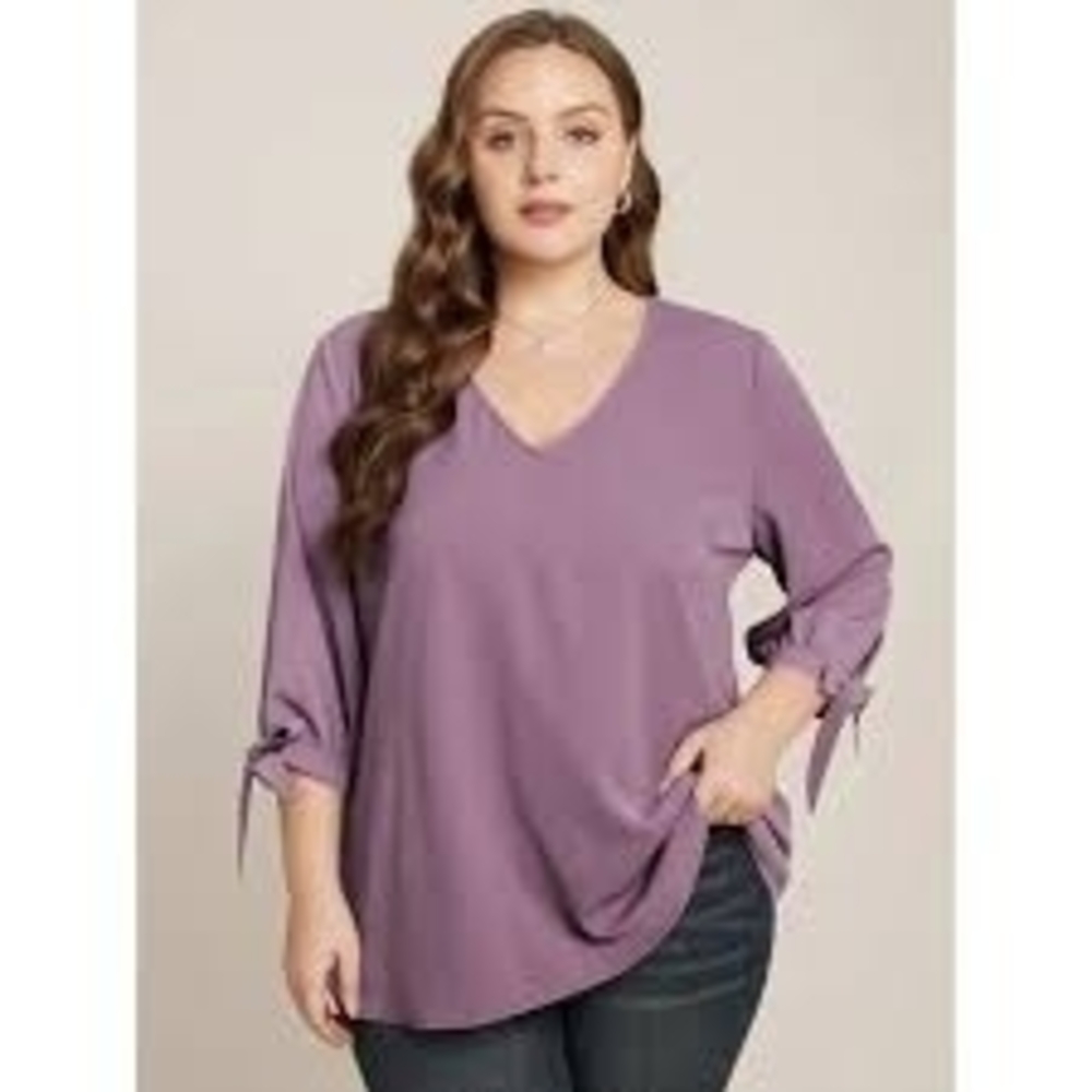 NEW Bloomchic Purple/Mauve V Neck Blouse With Tie Sleeves 1x